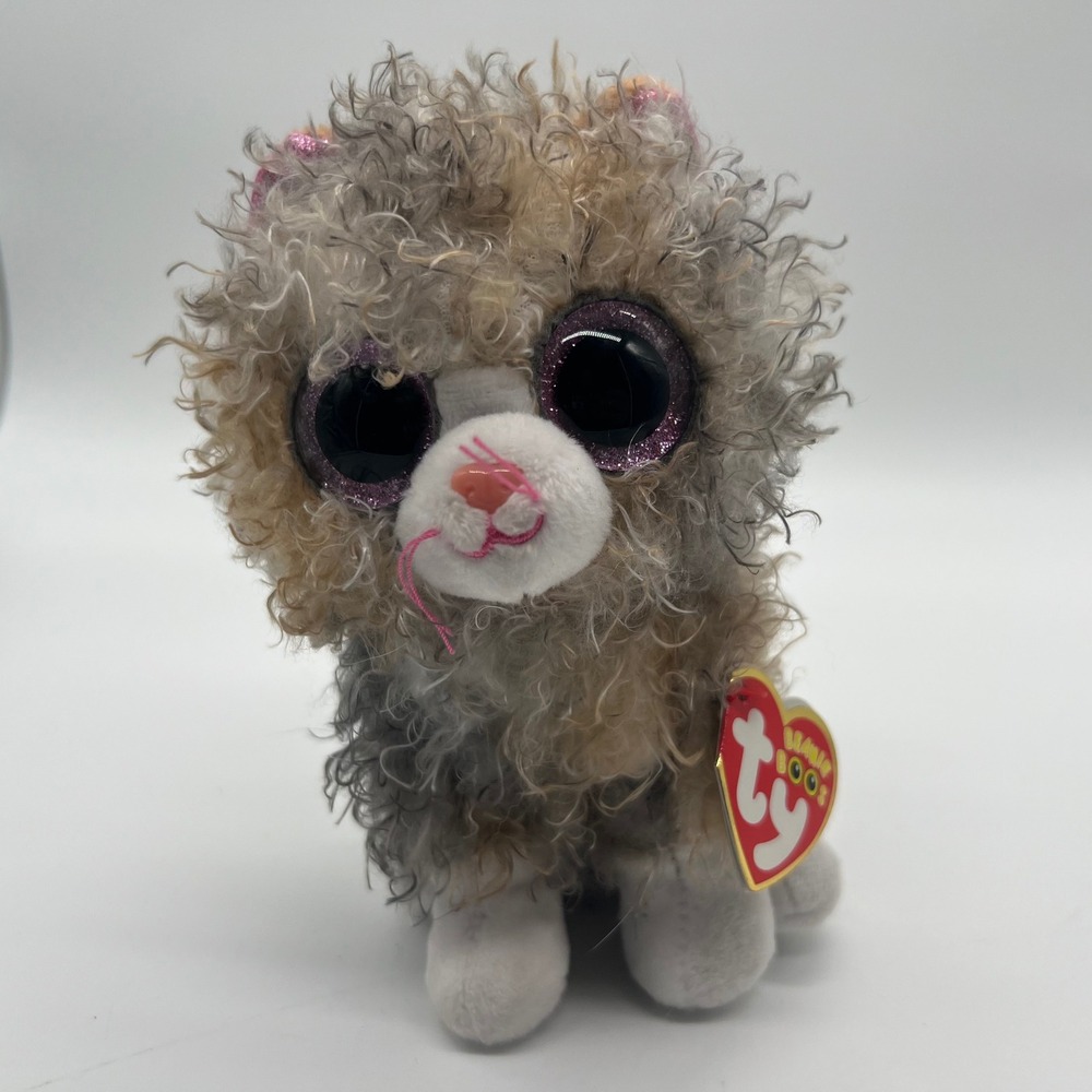 Ty Beanie Boos Scrappy Curly Hair Cat Plush Grey Tan White Glitter Eyes 6 inch
